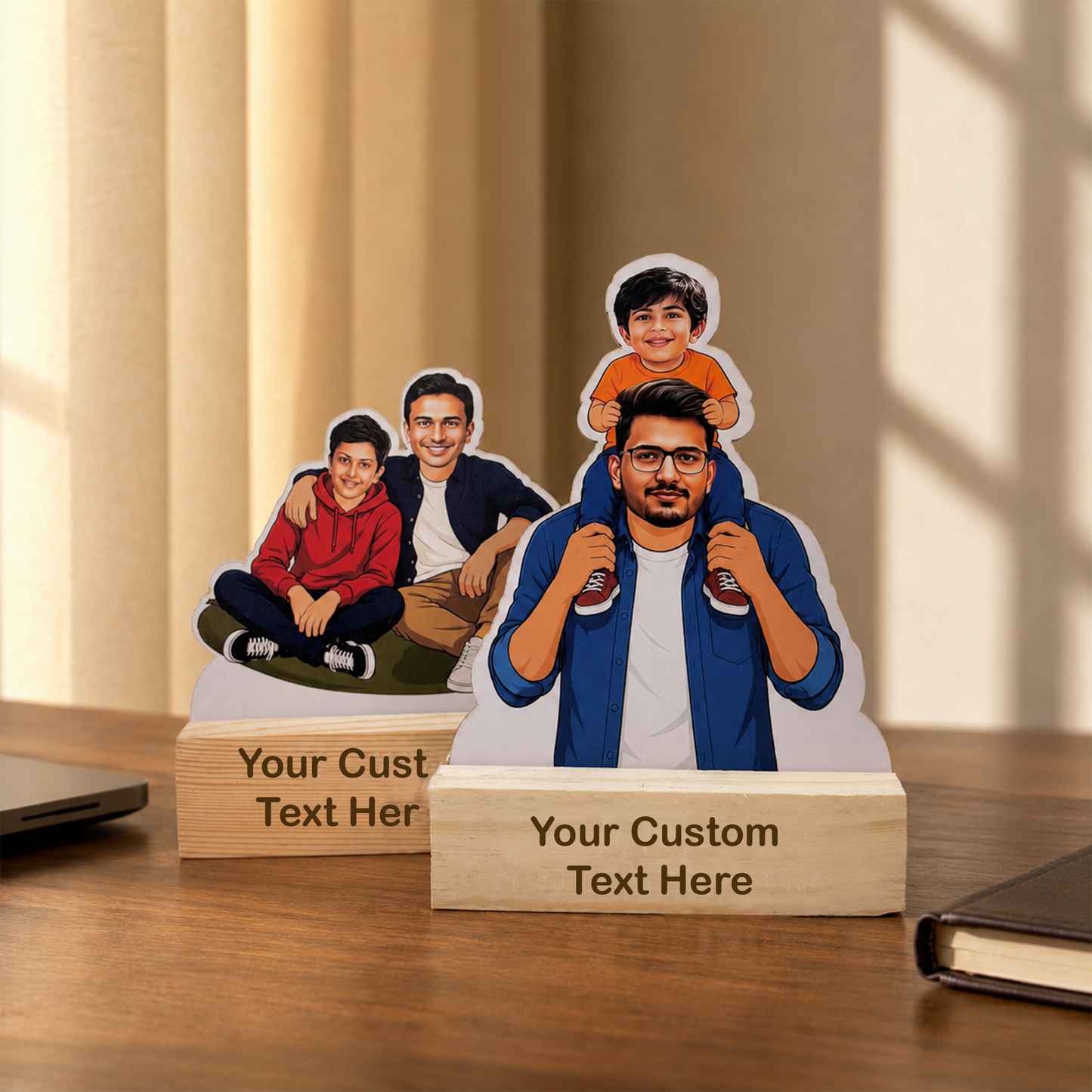 Father and Little Son Caricature with Stand