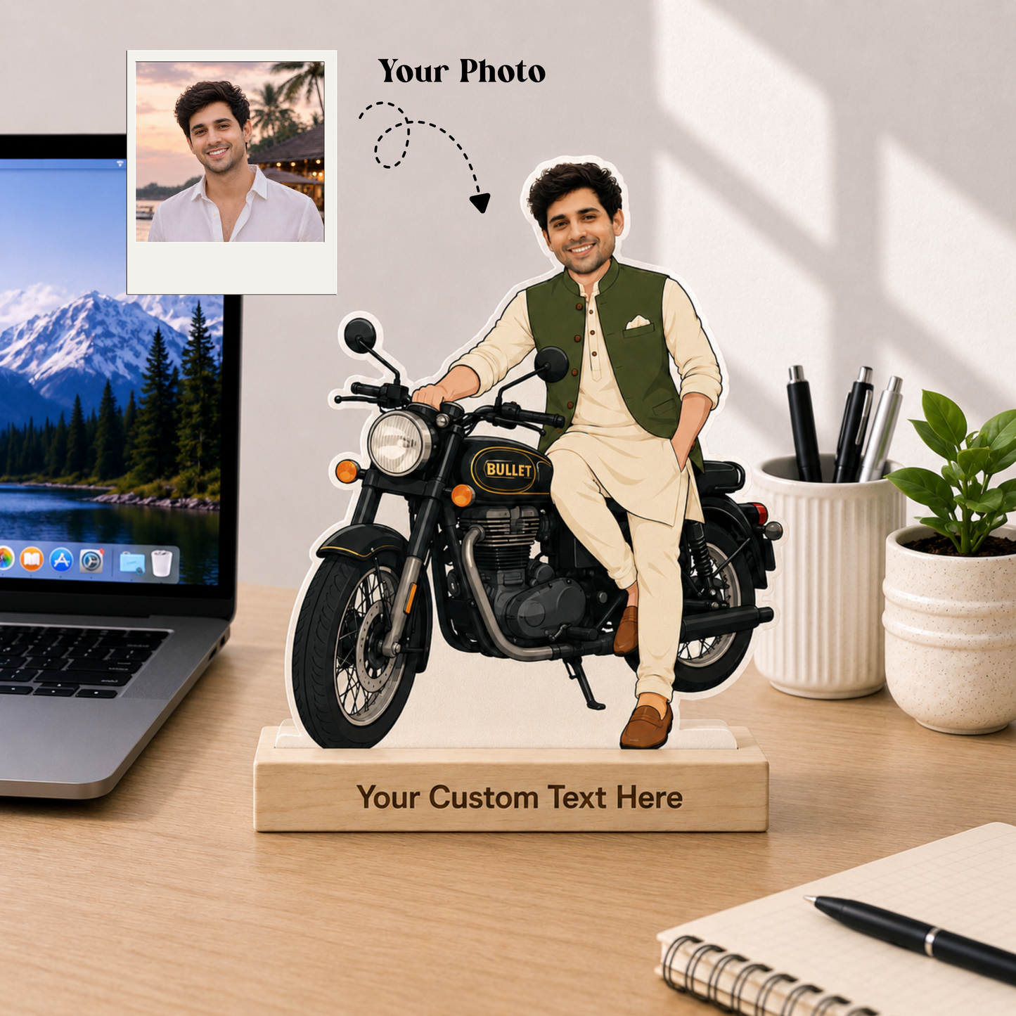 Personalized Man & His Bike Caricature With Stand