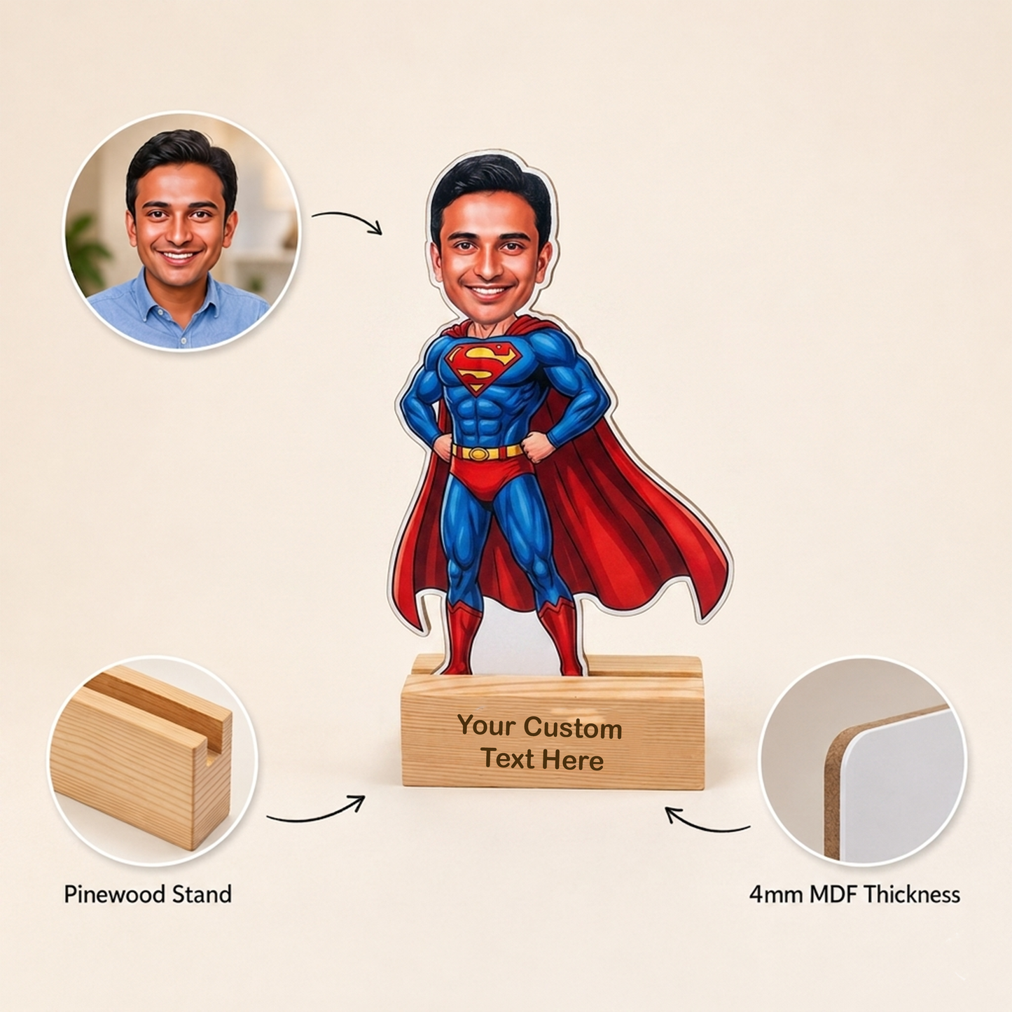 Superhero Man Personalized Caricature with Stand