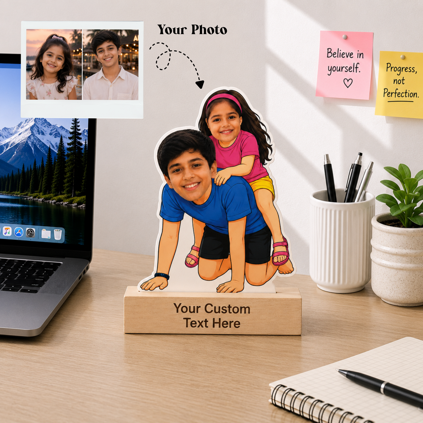 Sister on Brother's Back Love Caricature With Stand