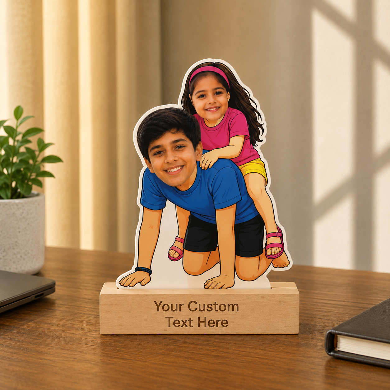 Sister on Brother's Back Love Caricature With Stand