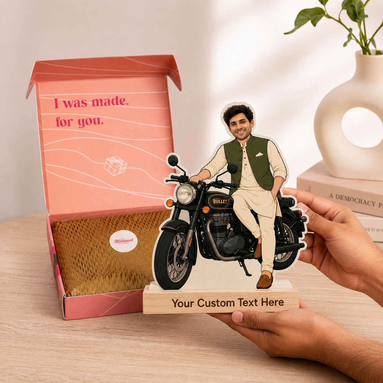 Personalized Man & His Bike Caricature With Stand