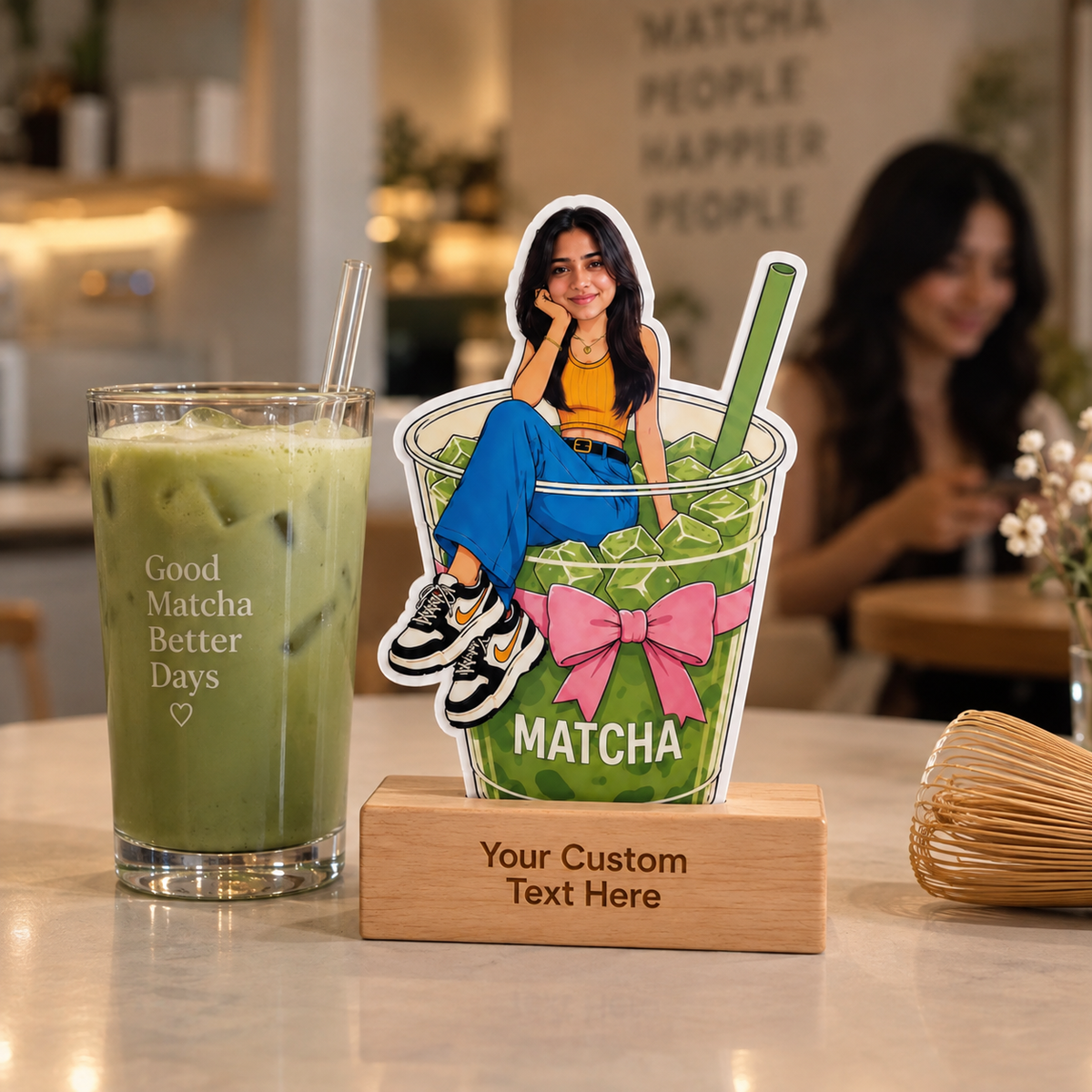 Personalized Matcha Lover Caricature With Stand