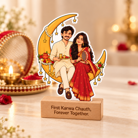 Karvachauth Couple Sitting on Moon Caricature With Stand