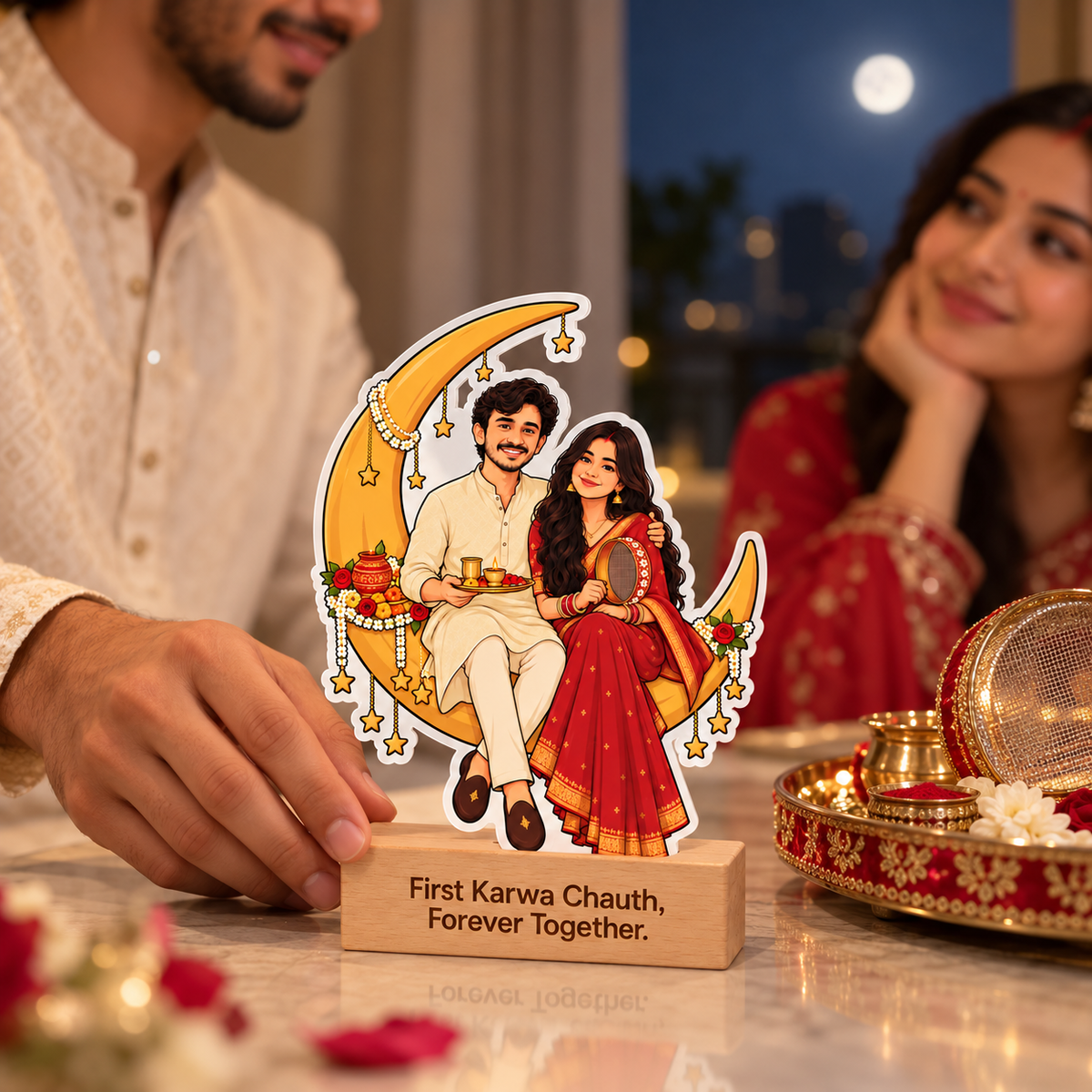 Karvachauth Couple Sitting on Moon Caricature With Stand