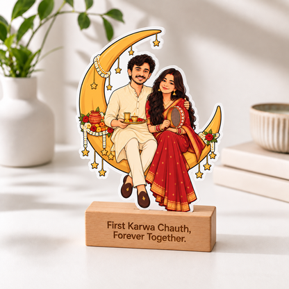 Karvachauth Couple Sitting on Moon Caricature With Stand