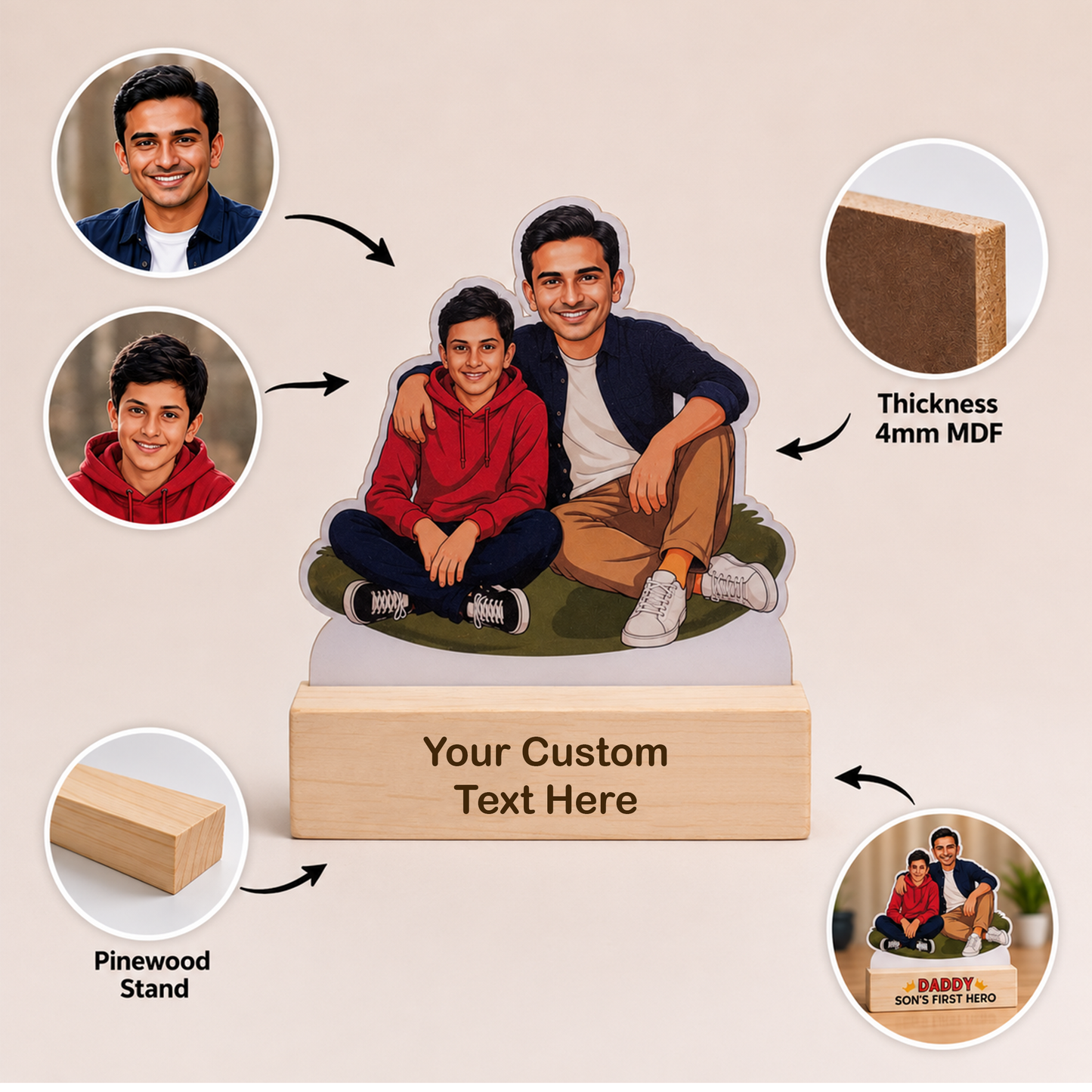 Personalized Father-Son Caricature with Stand